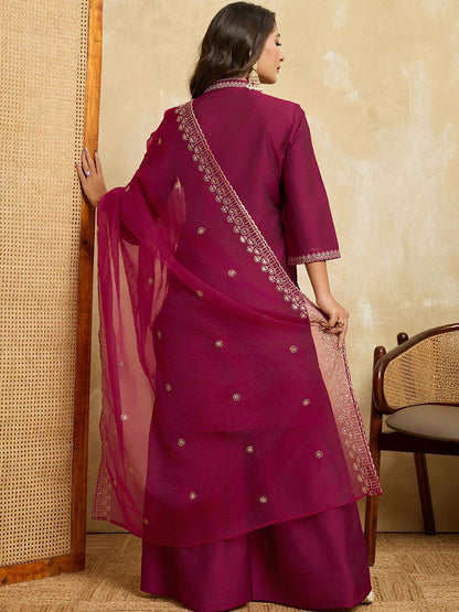 Dhiyona HOP Floral Embroidered Mandarin Collar Sequinned Kurta With Sharara & Dupatta