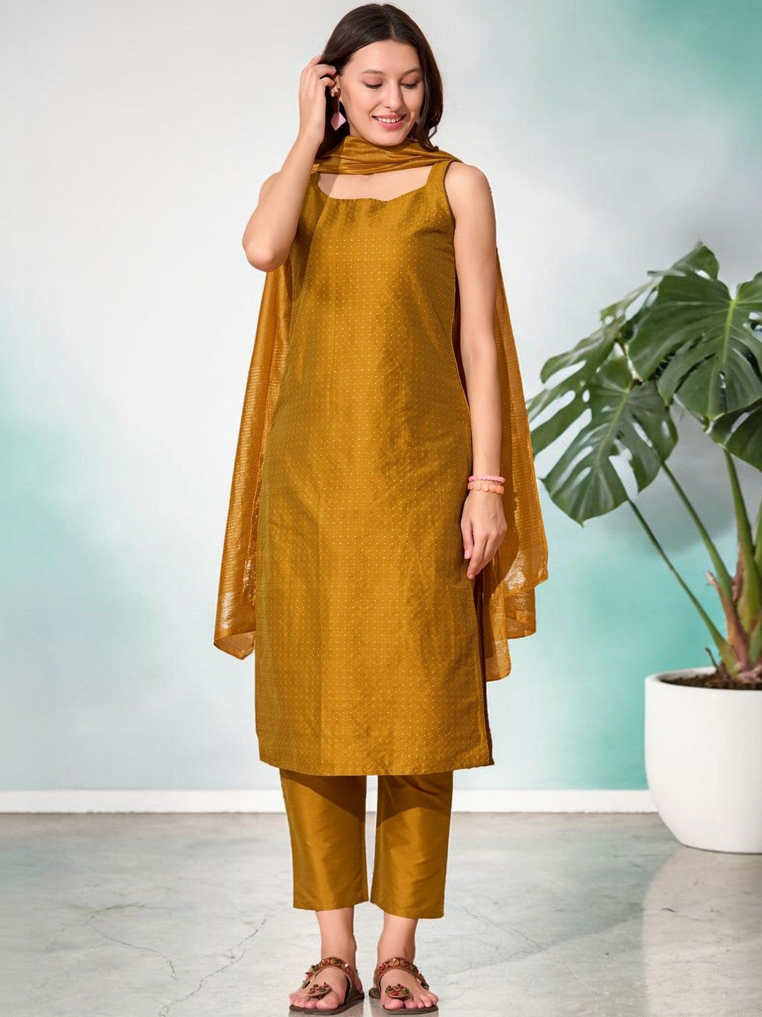 Woven Design Round Neck Kurta & Trousers With Dupatta