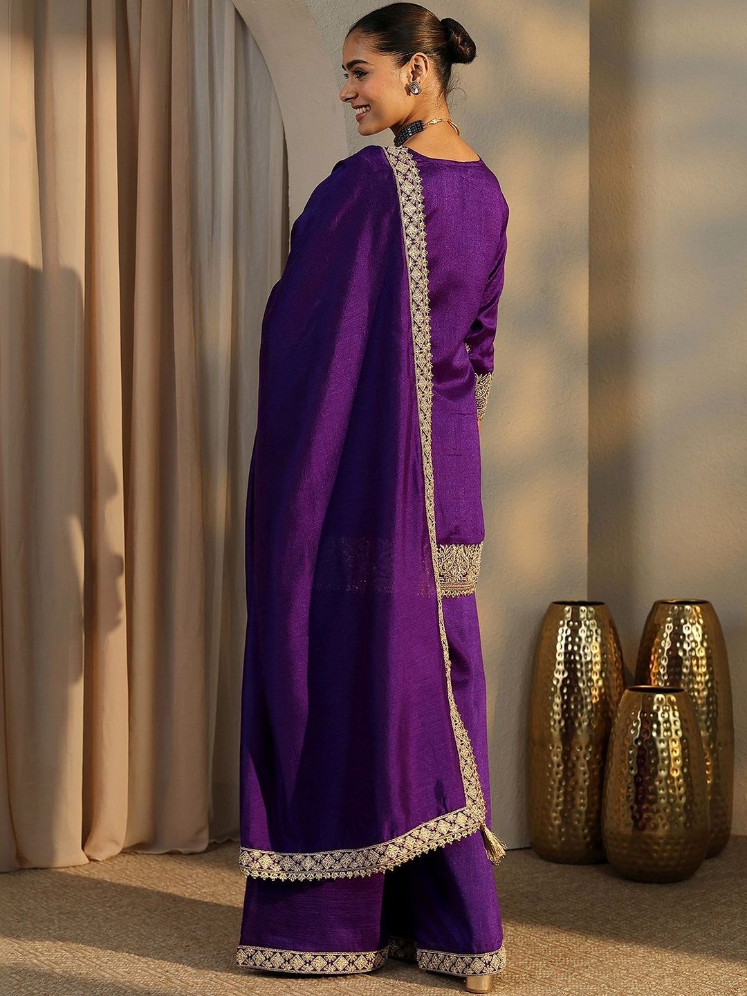 Dhiyona LL Women Ethnic Motifs Embroidered Regular Thread Work Kurta with Palazzos & With Dupatta