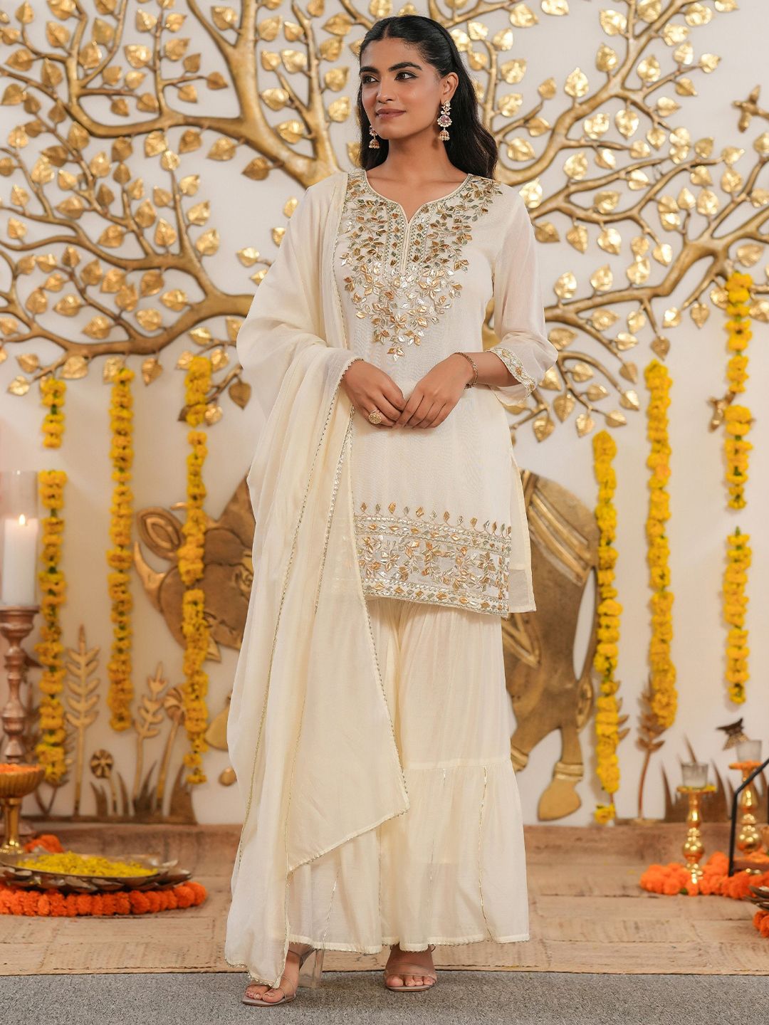 Dhiyona SC Floral Embroidered Mul Chanderi Gota Patti Kurti With Sharara & Dupatta