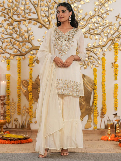 Dhiyona SC Floral Embroidered Mul Chanderi Gota Patti Kurti With Sharara & Dupatta