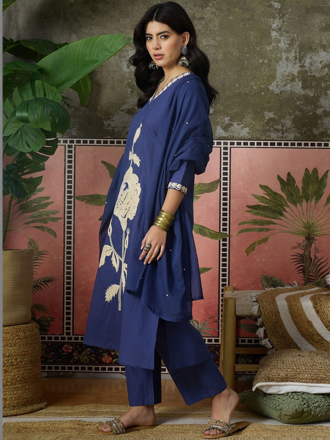 Embroidered V-Neck Kurta Trousers & Dupatta