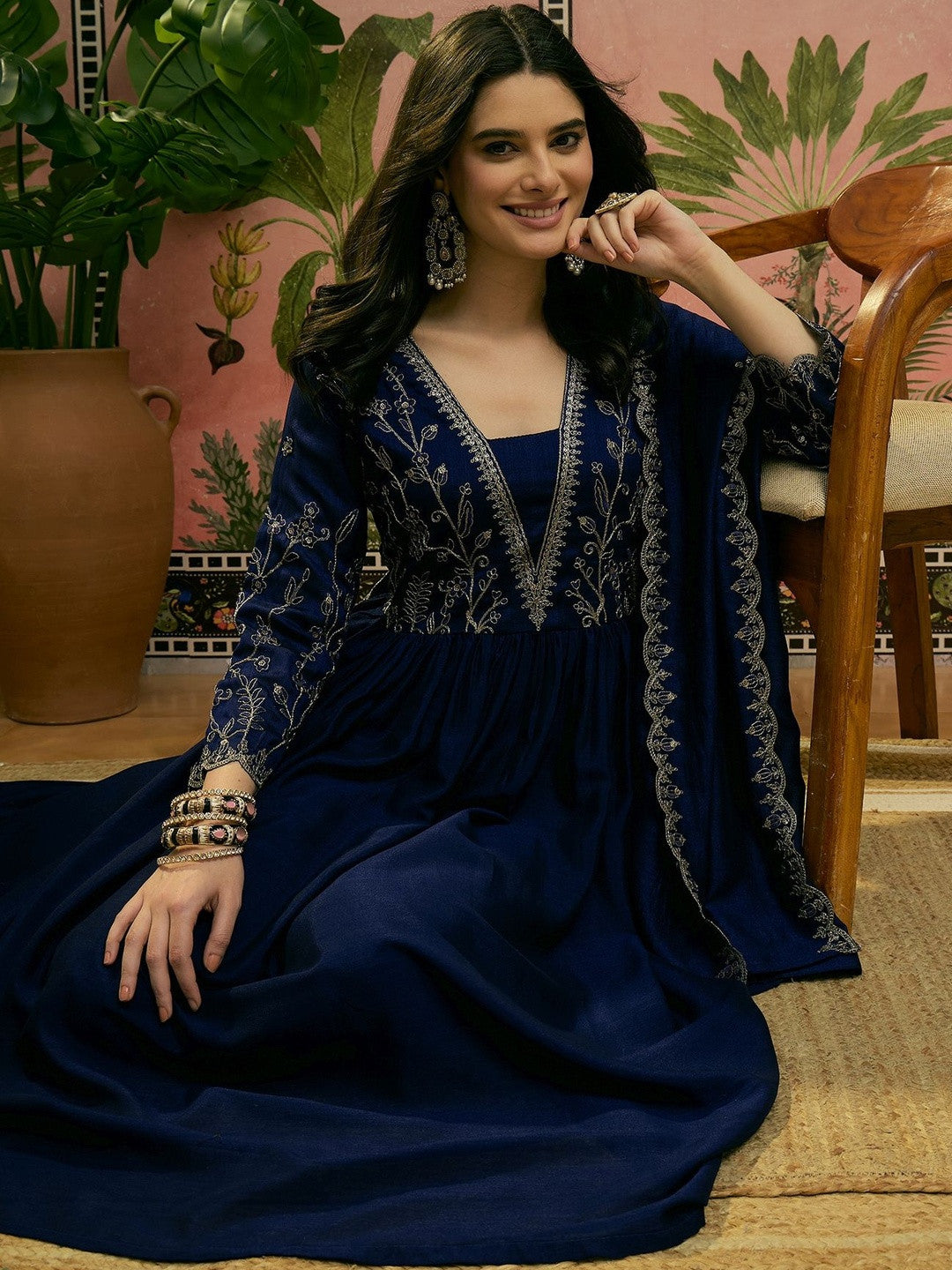 Embroidered V-Neck Kurta & Trousers Kurta Sets