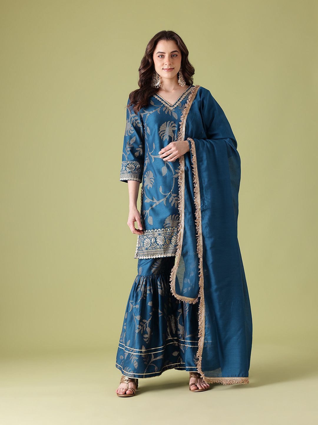 Dhiyona AN Floral Self Design Zari Detail Gotta Patti Republic Day Kurta with Sharara & Dupatta