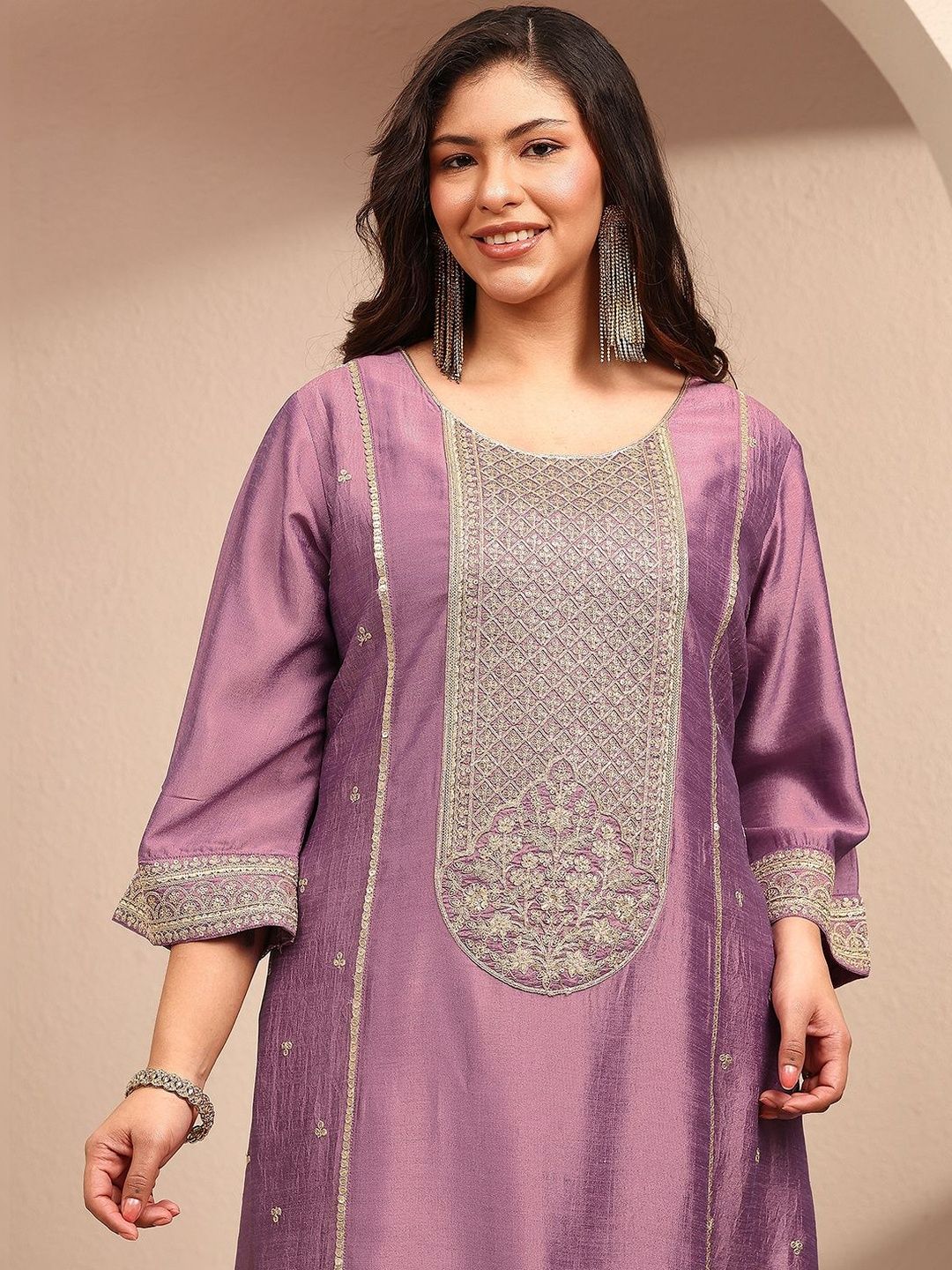 Dhiyona Women's Ethnic Motifs Embroidered Regular Thread Work Kurta with Palazzos & With Dupatta