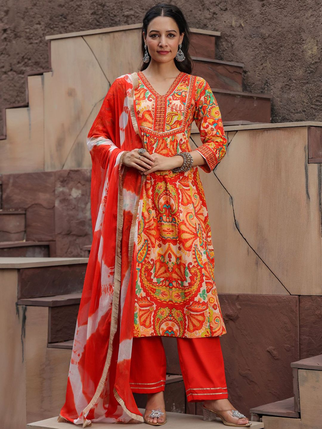 Dhiyona RR Women's Printed Gotta Patti Pure Cotton A-Line Kurta with Trousers & Dupatta