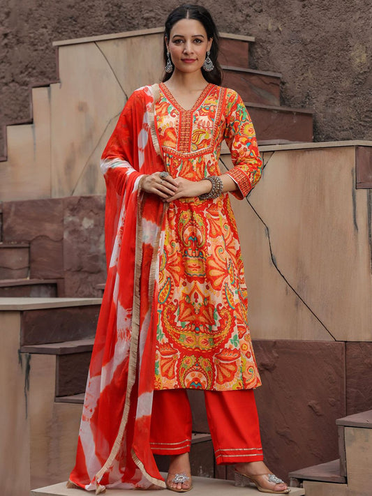 Dhiyona RR Women's Printed Gotta Patti Pure Cotton A-Line Kurta with Trousers & Dupatta