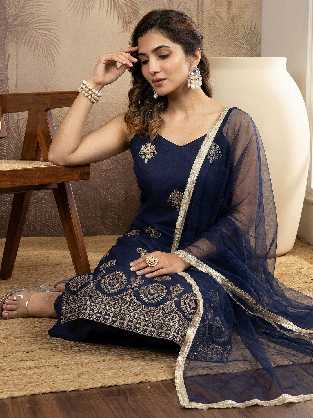 Embroidered Silk Blend Sweetheart Neck Kurta & Trousers With Dupatta