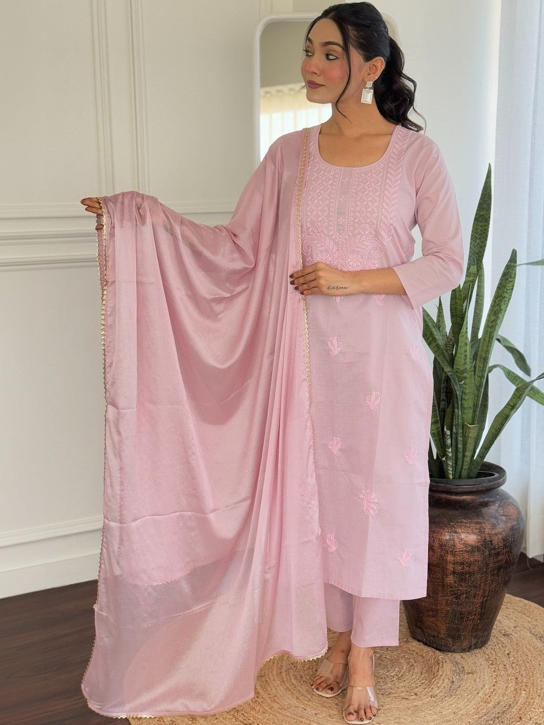 Embroidered Pure Cotton Round Neck Kurta & Trousers With Dupatta