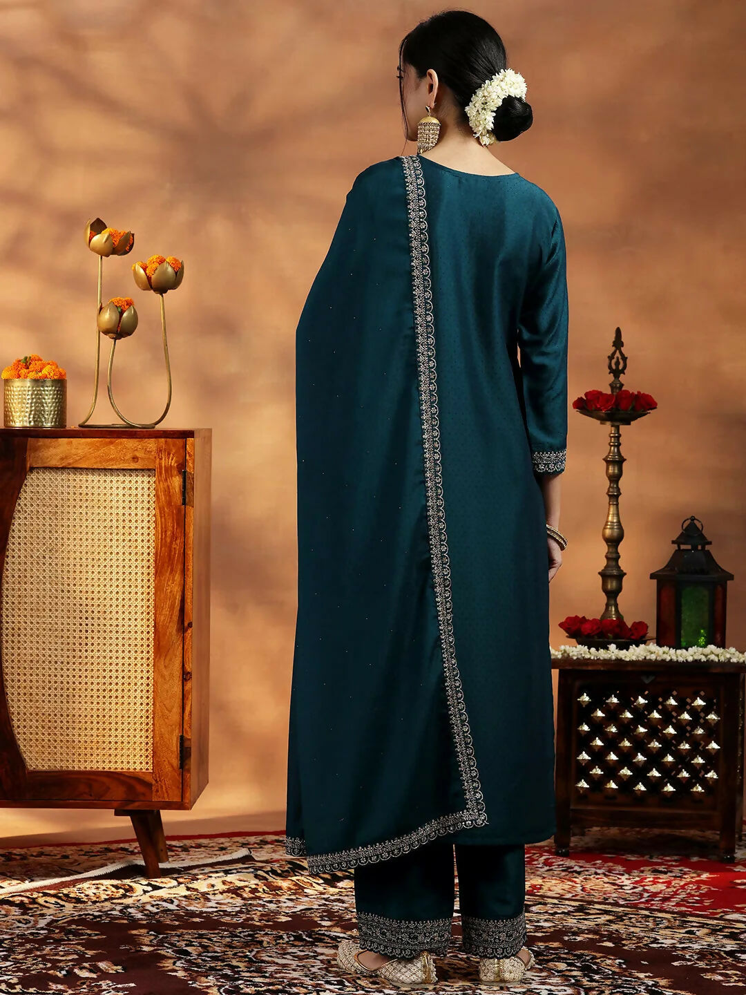 Women's LB Teal Yoke Design Silk Blend Straight Suit With Dupatta