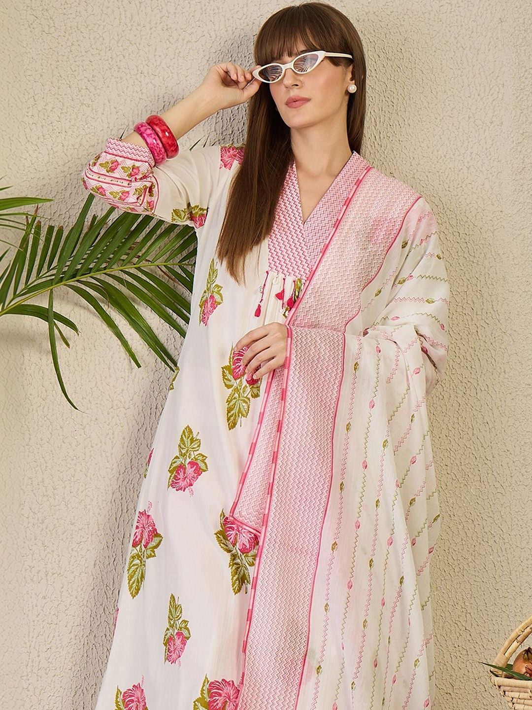 Floral Printed Pure Cotton Kurta With Trousers & Dupatta