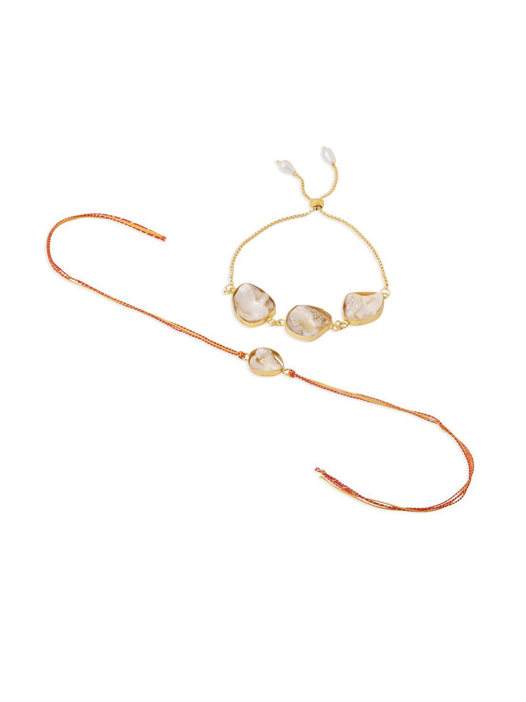 Dhiyona Set Of 2 Gold Toned Pearls Bhaiya Bhabhi Rakhi With Roli Chawal Chandan Mishri