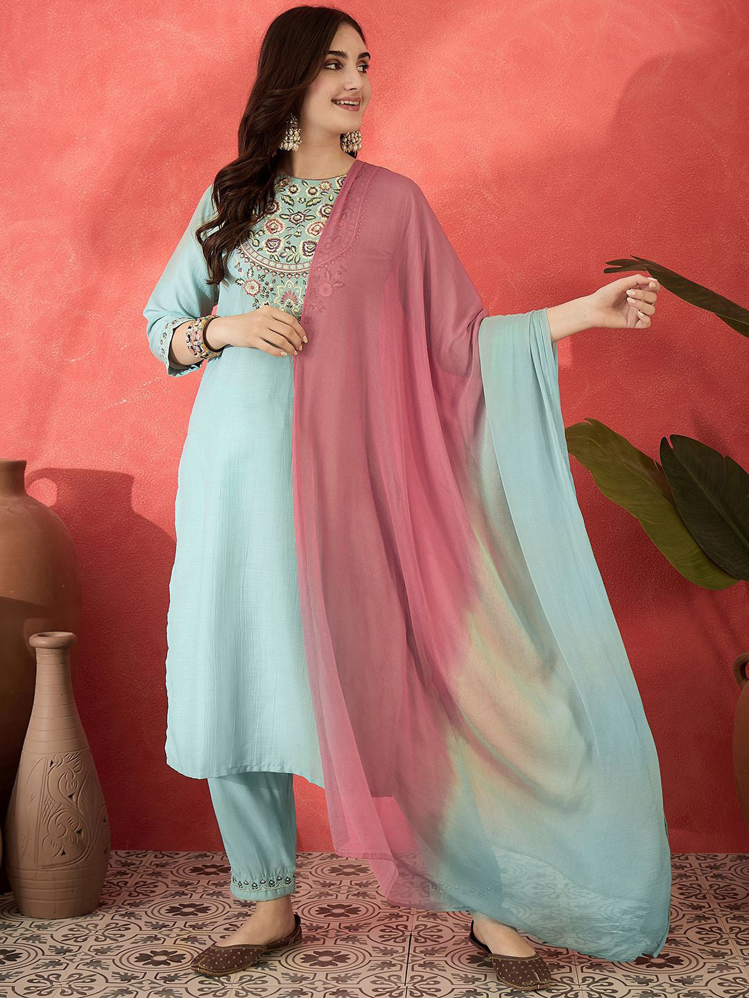 Dhiyona SN Floral Embroidered Round Neck Sequinned Straight Kurta Trousers & Dupatta
