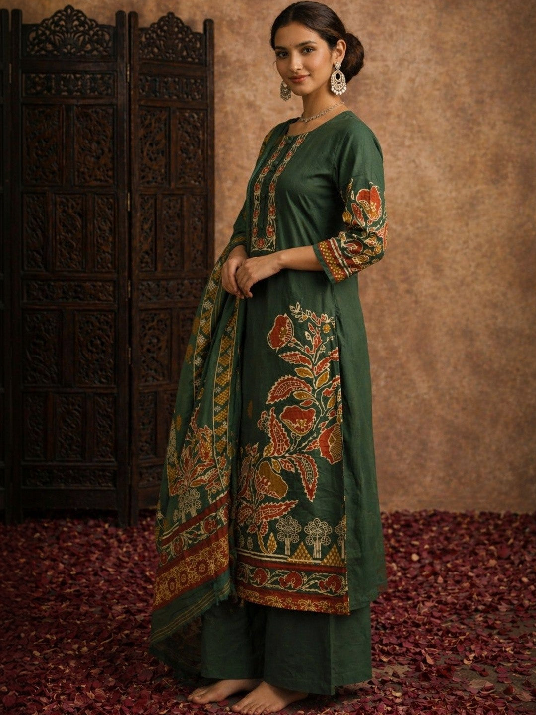 Women Floral Printed Regular Pure Cotton Kurta with Palazzos & With Dupatta