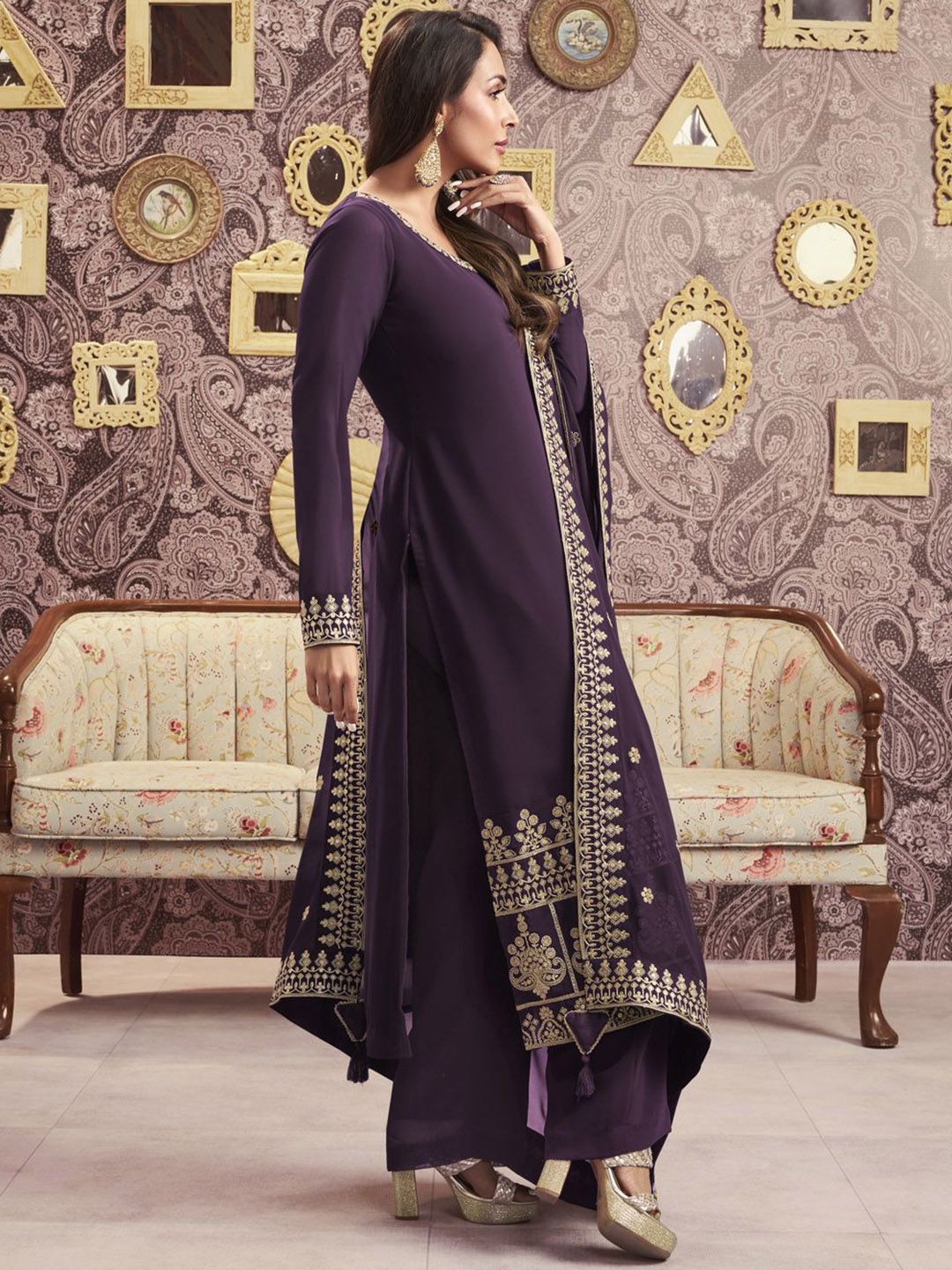 Dhiyona IN Ethnic Motifs Embroidered Georgette Straight Kurta With Palazzos & Dupatta