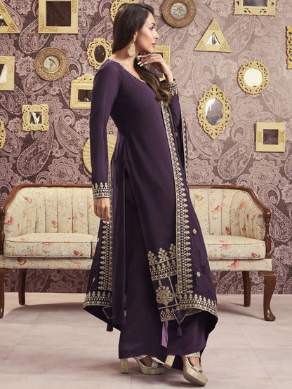 Dhiyona IN Ethnic Motifs Embroidered Georgette Straight Kurta With Palazzos & Dupatta