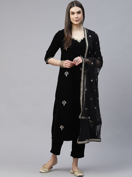 Dhiyona KL Women Ethnic Motifs Embroidered Regular Velvet Kurta with Trousers & With Dupatta