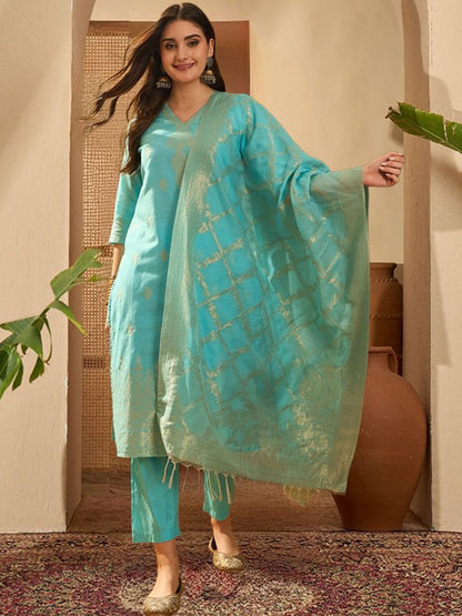 Women Festive Floral Gotta Patti Kurta Set With Trousers & Organza Dupatta