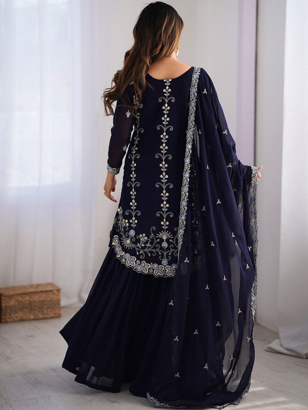 Dhiyona KL Women Ethnic Motifs Embroidered Regular Sequinned Kurta with Sharara & With Dupatta