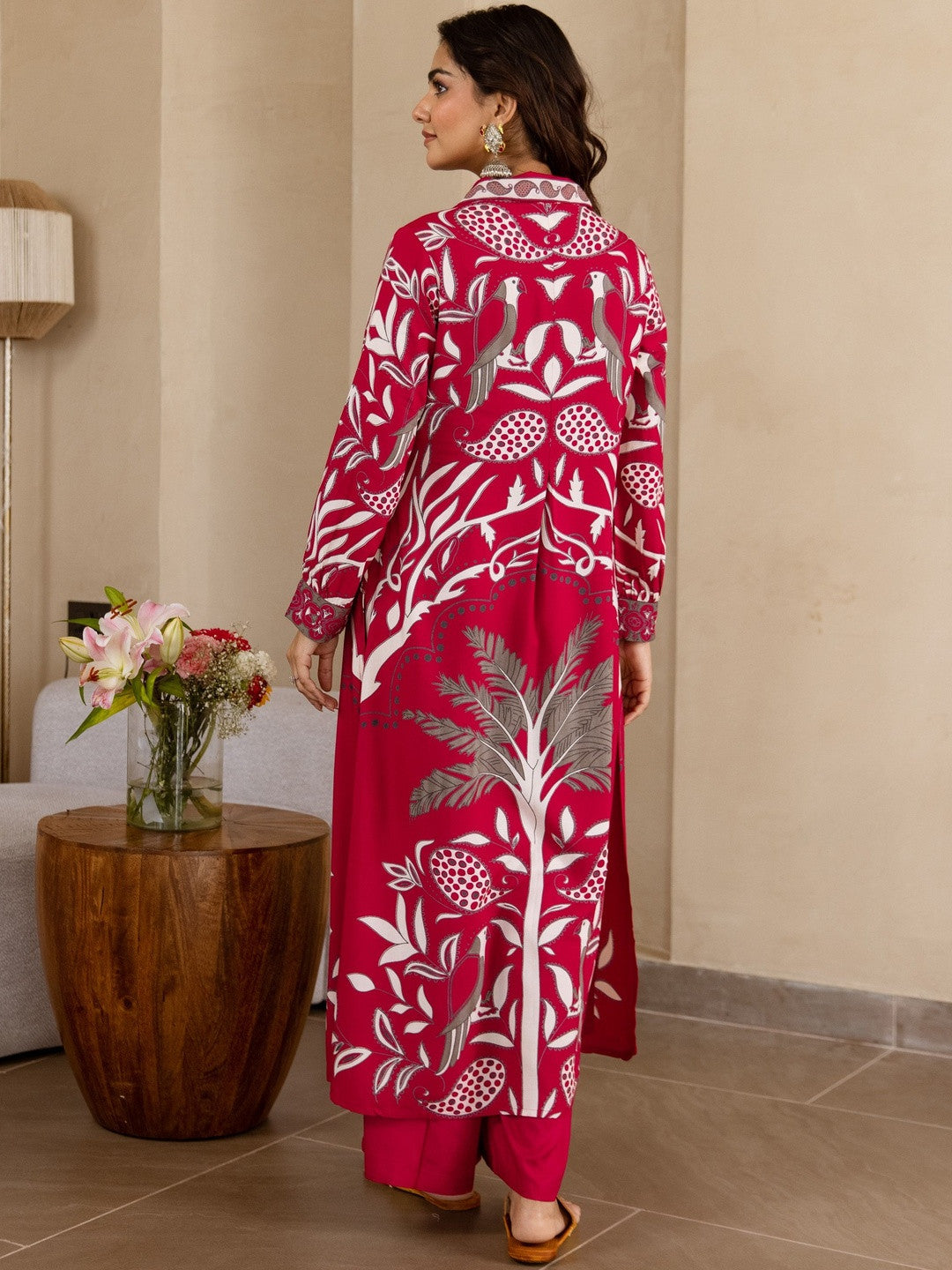 Women Rani Pink Printed German Rayon Kurta & Palazzo Set