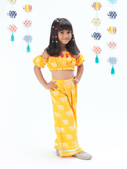 Trunk Tales Girls Yellow Crop Top with Pants Girls Co-ordinate set