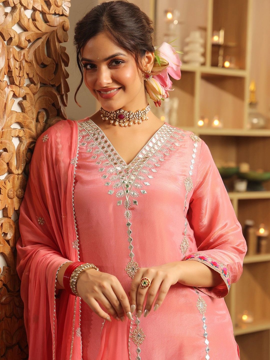 Dhiyona SC Ethnic Motifs Embroidered Thread Work Shimmer Tissue Kurti With Sharara Dupatta