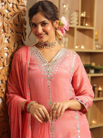 Dhiyona SC Ethnic Motifs Embroidered Thread Work Shimmer Tissue Kurti With Sharara Dupatta