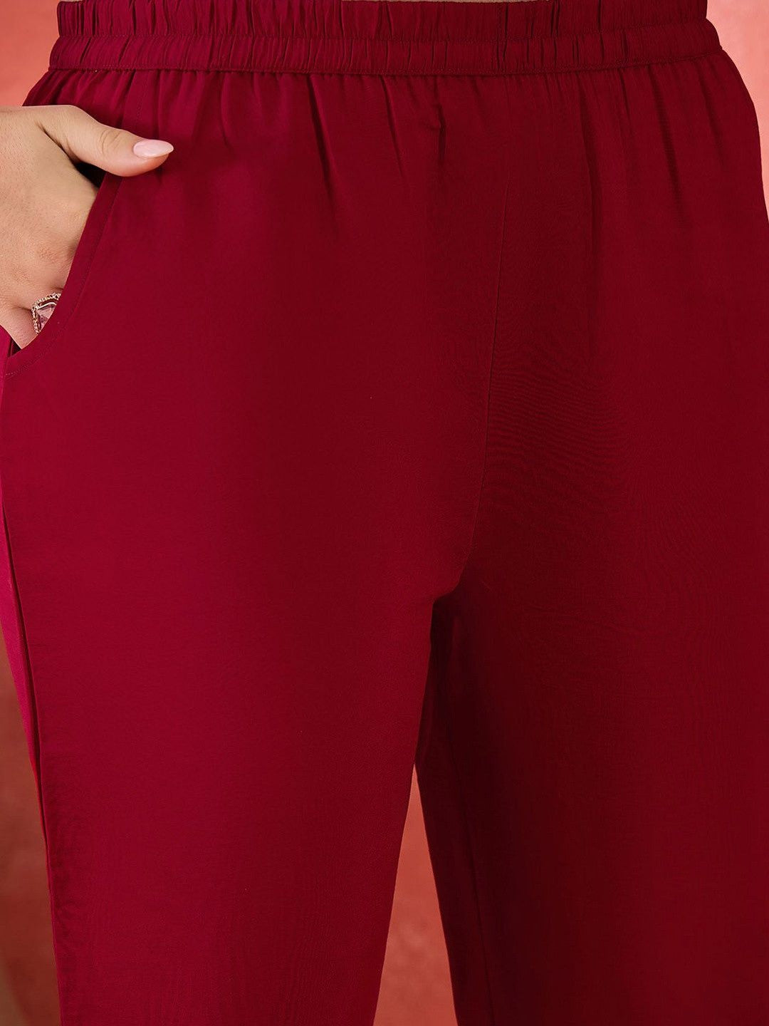 Women Embroidered V-Neck Straight Kurta & Trousers