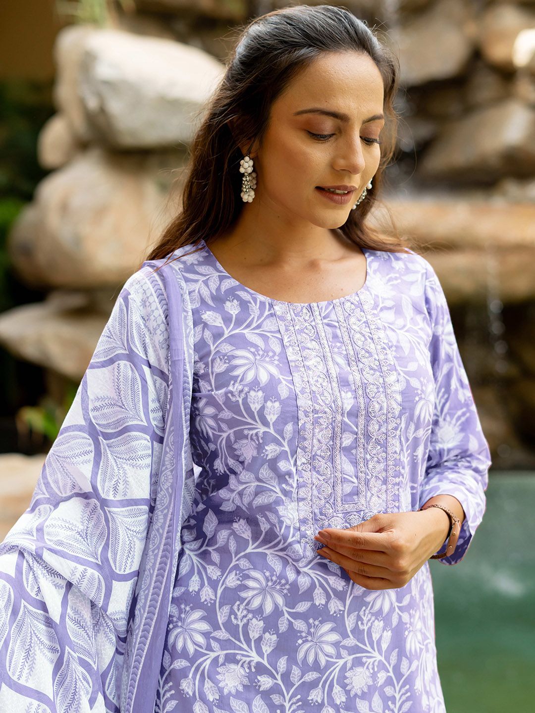 Dhiyona KL Floral Printed Sequinned Pure Cotton Kurta with Trousers & Dupatta