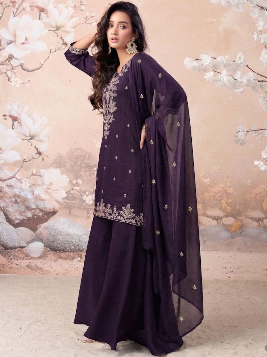 Dhiyona SN Embroidered Silk Blend Round Neck Kurta & Sharara With Dupatta