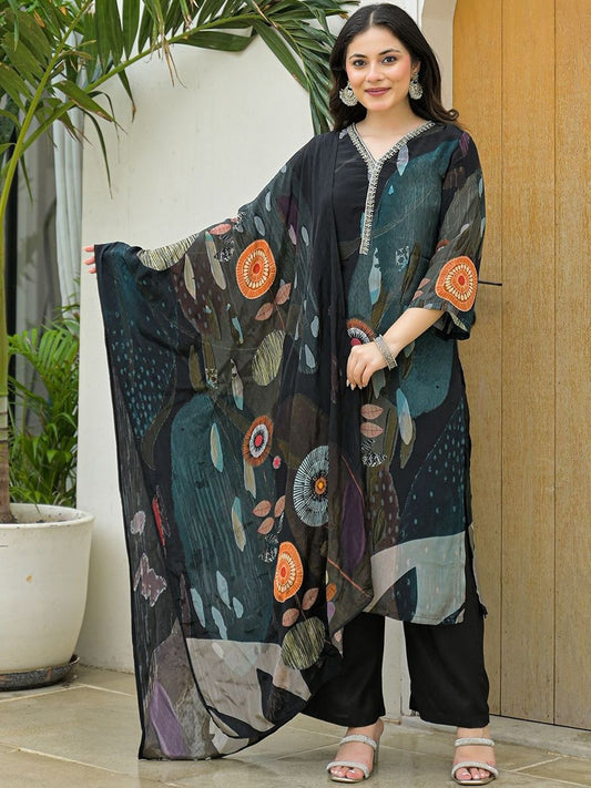 Dhiyona KL Women Printed Silk Crepe Kurta Sets With Dupatta
