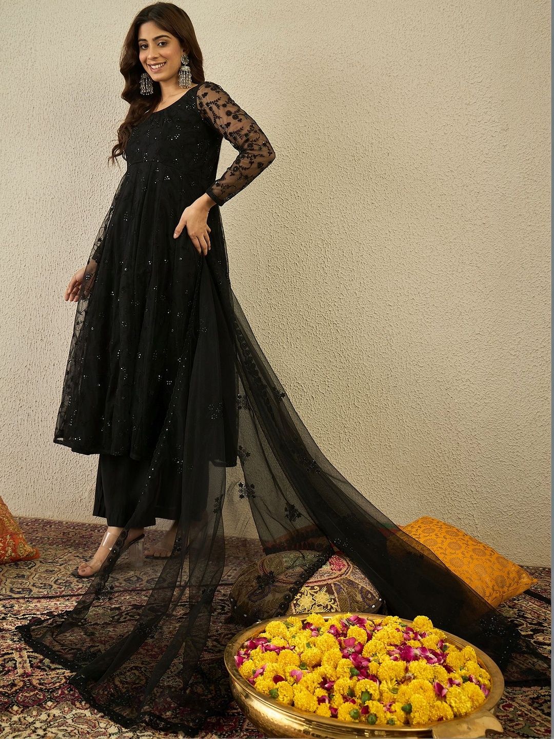 Dhiyona IN Women Ethnic Motifs Embroidered Tiered Sequinned Kurta with Palazzos & With Dupatta