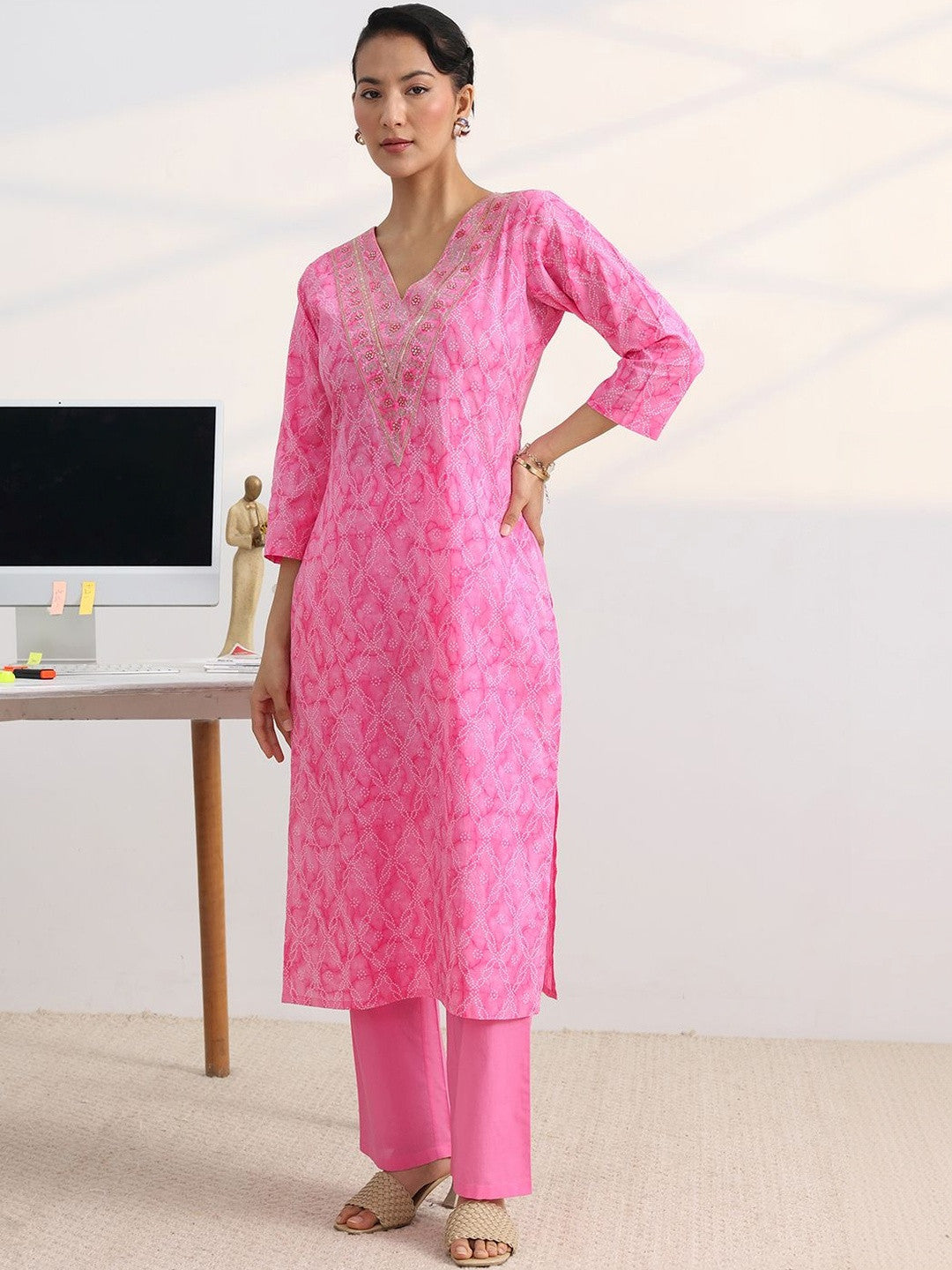 Libas Pink Bandhani Print Straight Suit Set with Dupatta