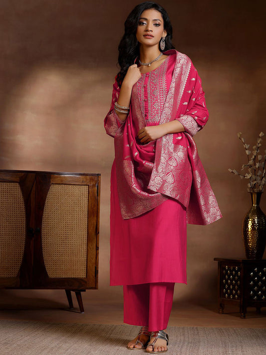 Floral Yoke Design Zari Work Straight Kurta With Trousers & Dupatta