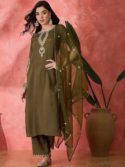 Dhiyona SN Ethnic Motifs Embroidered Straight Kurta with Palazzos & With Dupatta