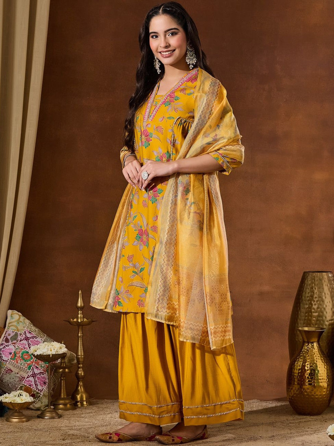 Floral Printed A-line Kurta Sharara with Dupatta