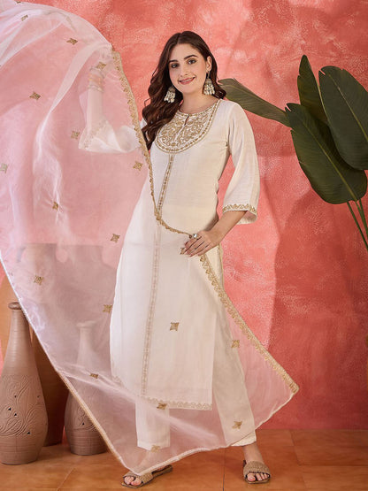 Zari Women Sequence Embroidered Straight Kurta & Trousers With Dupatta