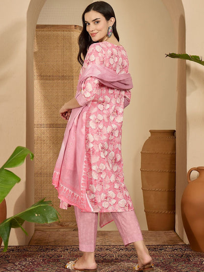 Women Floral Printed Regular Pure Cotton Kurta & Trouser With Dupatta