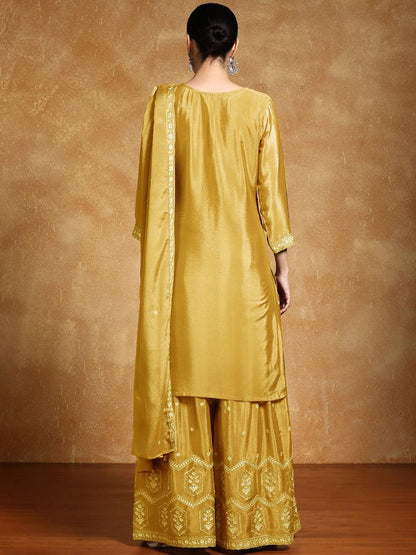 Dhiyona VA Ethnic Motifs Embroidered Beads and Stones Silk Crepe Kurta With Sharara & Dupatta