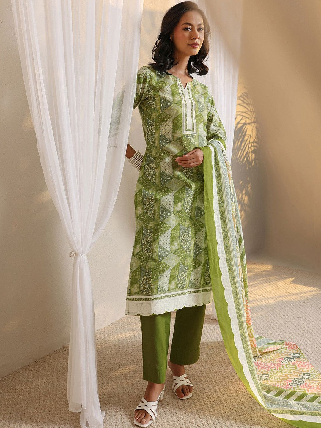 Libas Green Geometric Printed Straight Suit Set with Dupatta