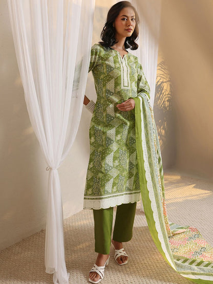 Libas Green Geometric Printed Straight Suit Set with Dupatta