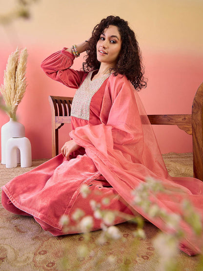 Floral Yoke Design Sequinned Round Neck Velvet Straight Kurta & Salwar & Dupatta