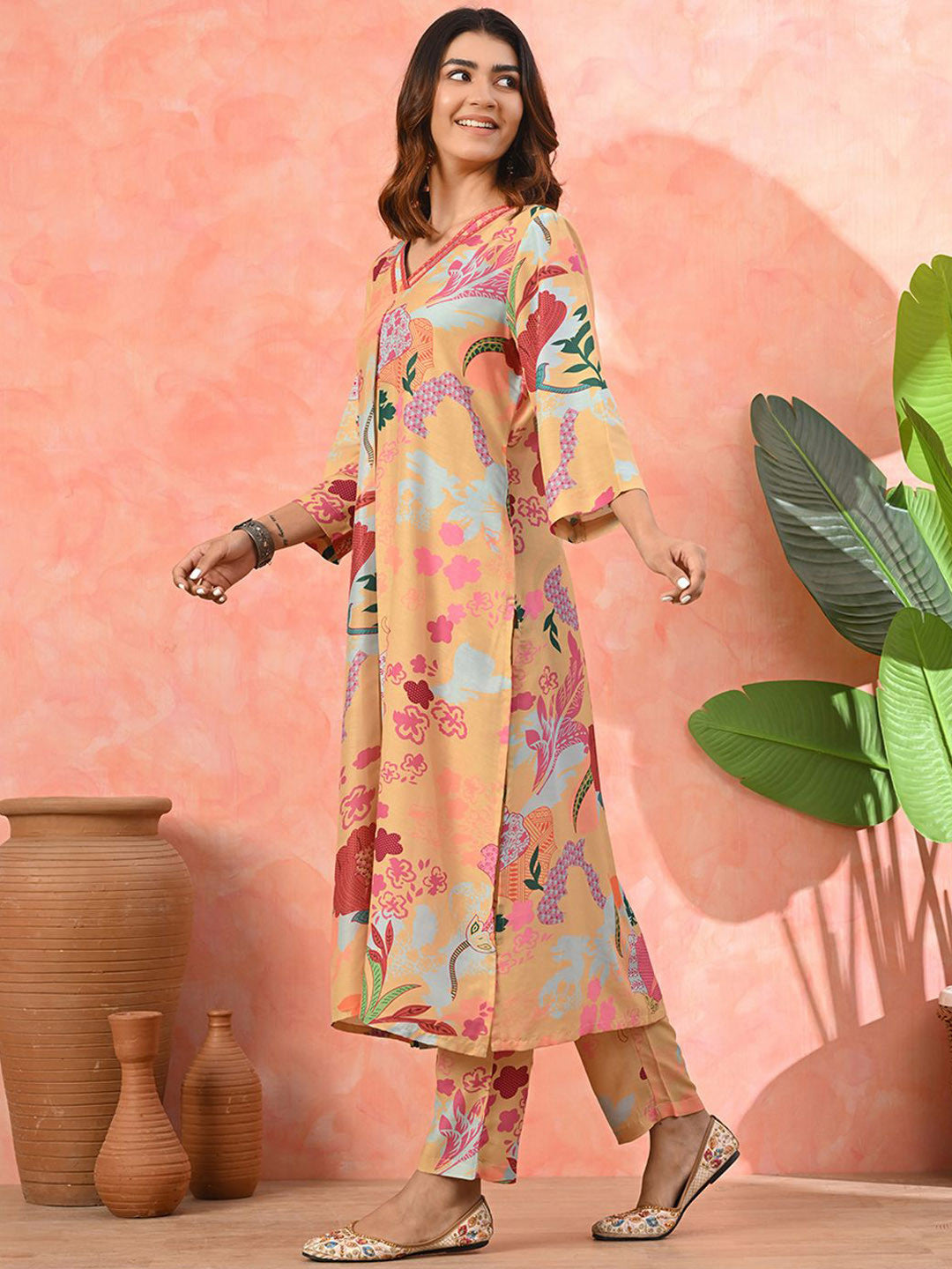 Floral Printed Pleated Sequinned Work V-Neck A-Line Kurta With Trousers