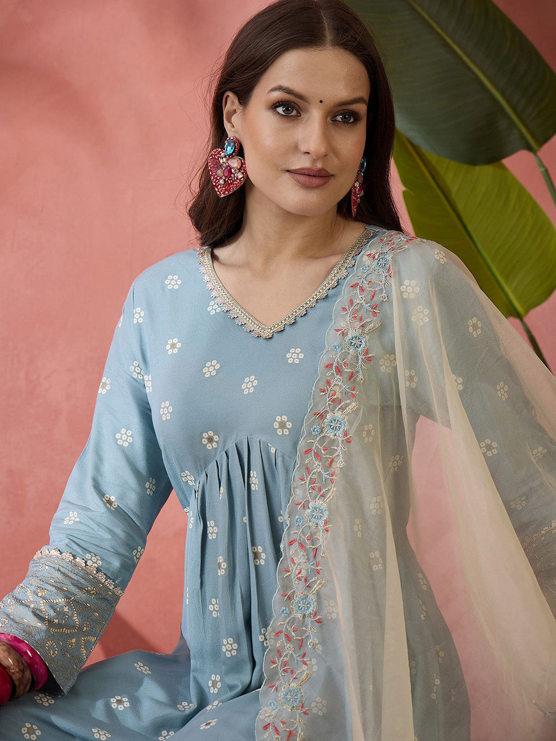 Bandhani Printed V-Neck Thread Work Anarkali Kurta Trousers & Dupatta