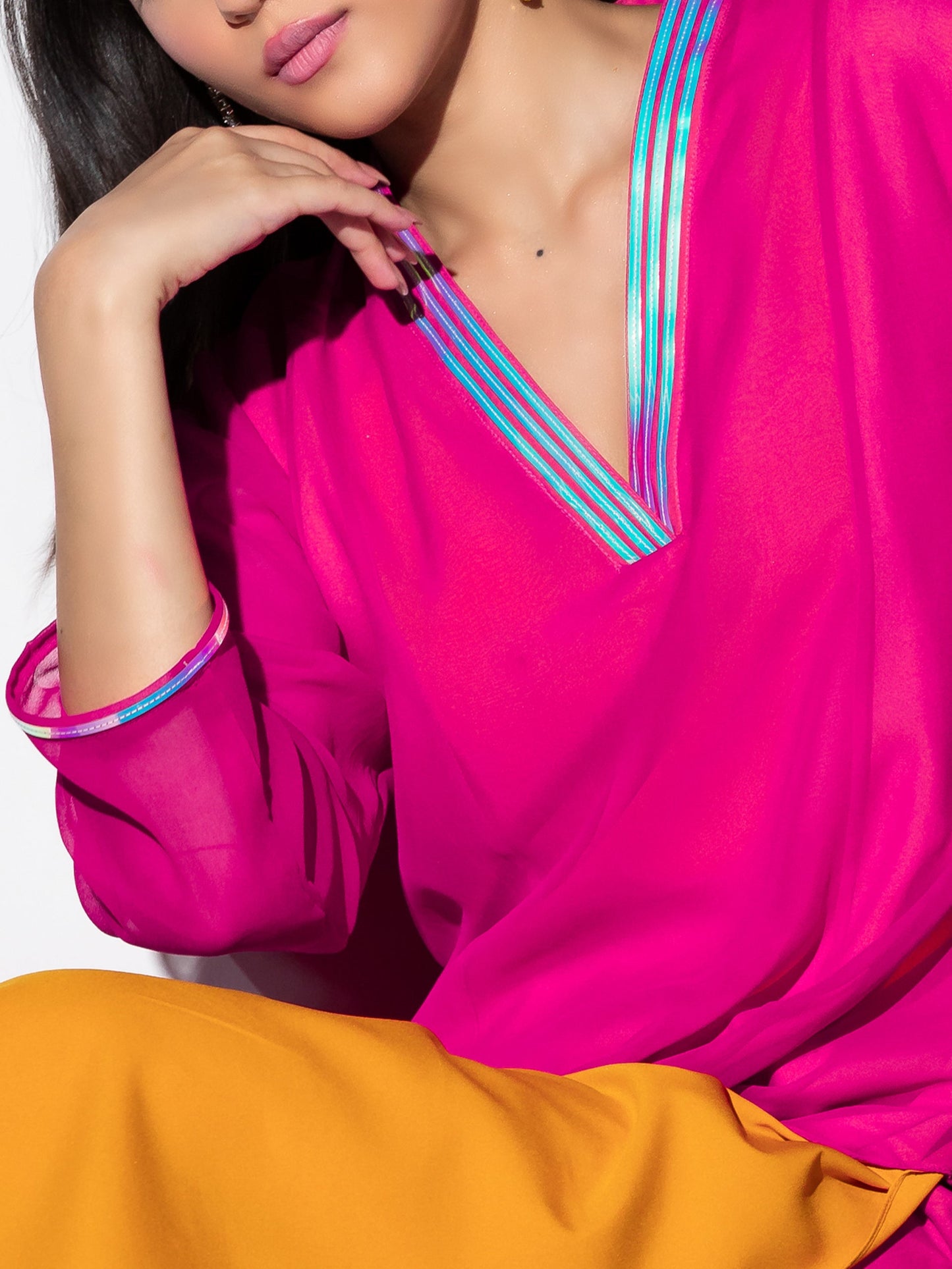 Dhiyona ST Women's Pink & Yellow Surprise Georgette Kurta Set with Contrast Inner Lining and Pants 2 Piece Set | A-Line, V Neck, Full Sleeves, Pants, Work wear, Festive Wear, (Georgette)