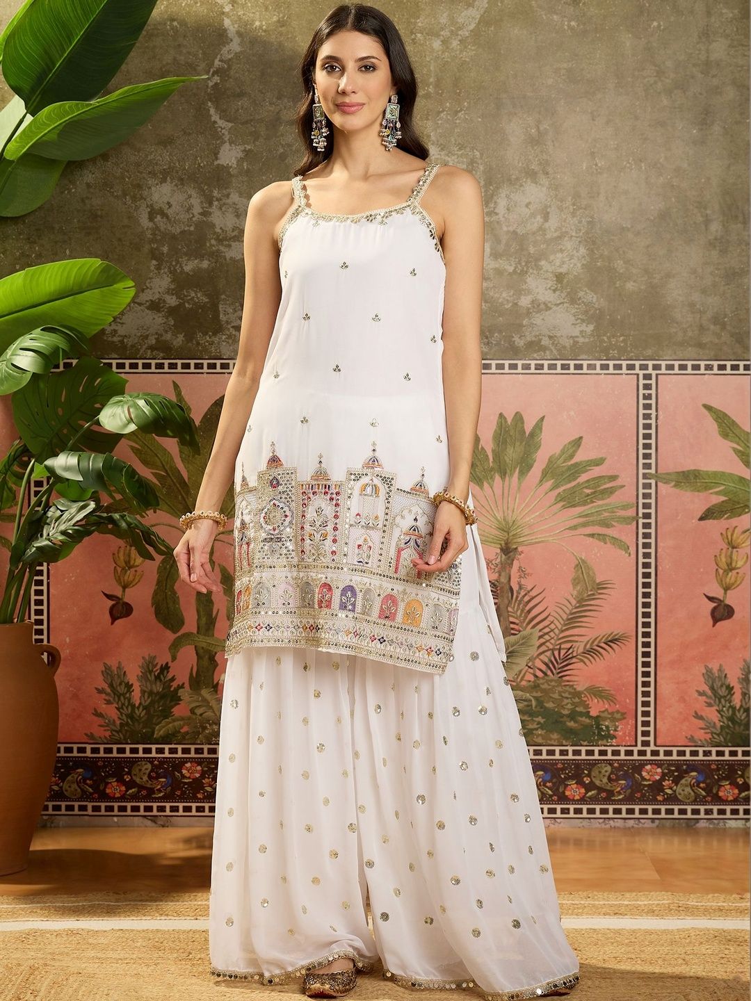 Dhiyona SN Embroidered Round Neck Straight Kurti & Sharara With Dupatta