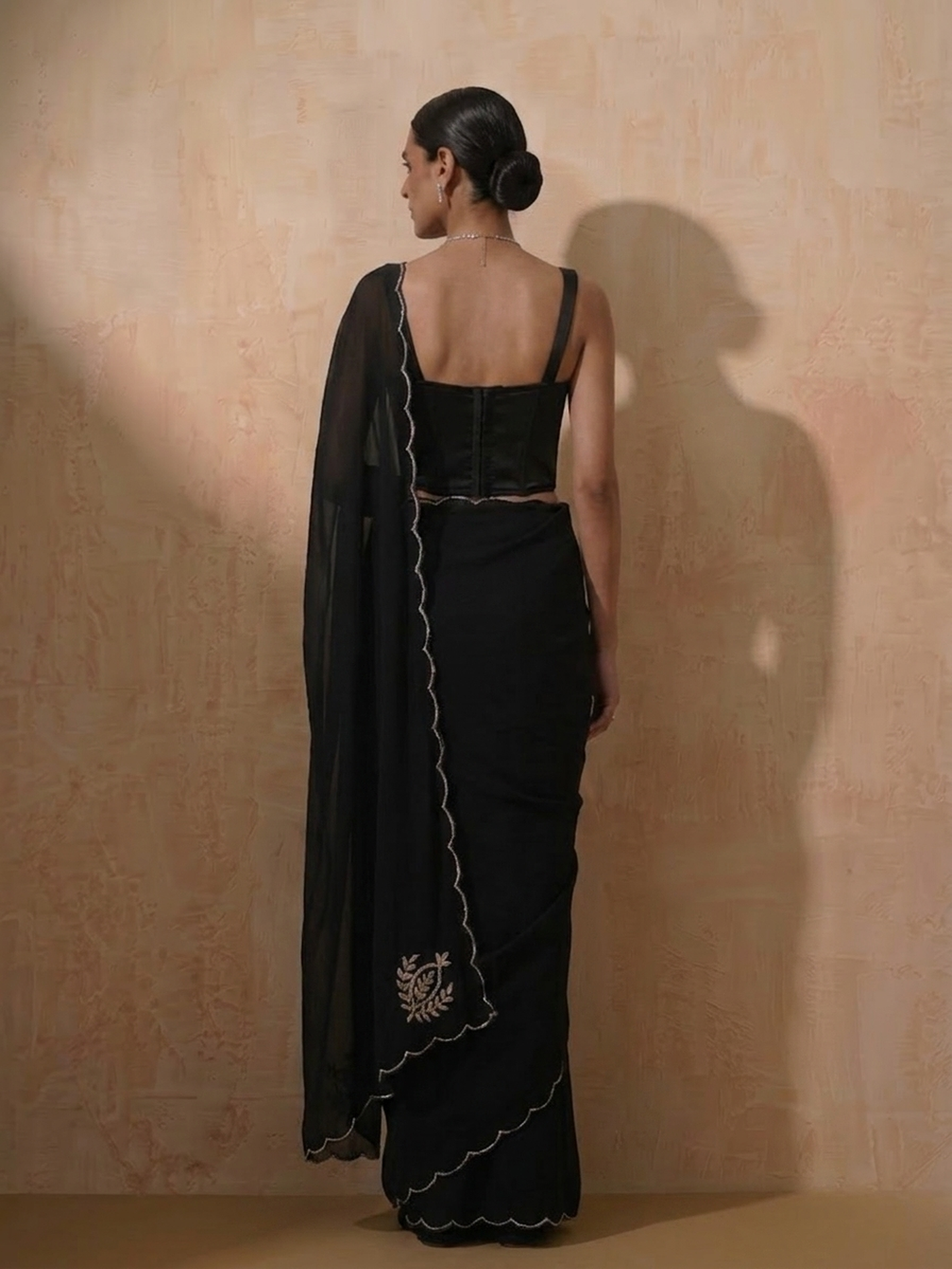 Dhiyona ST Black Chiffon Saree with Scallop and Hand Beading with Self Fabric Blouse
