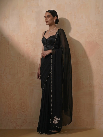 Dhiyona ST Black Chiffon Saree with Scallop and Hand Beading with Self Fabric Blouse
