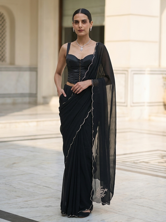 Dhiyona ST Black Chiffon Saree with Scallop and Hand Beading with Self Fabric Blouse