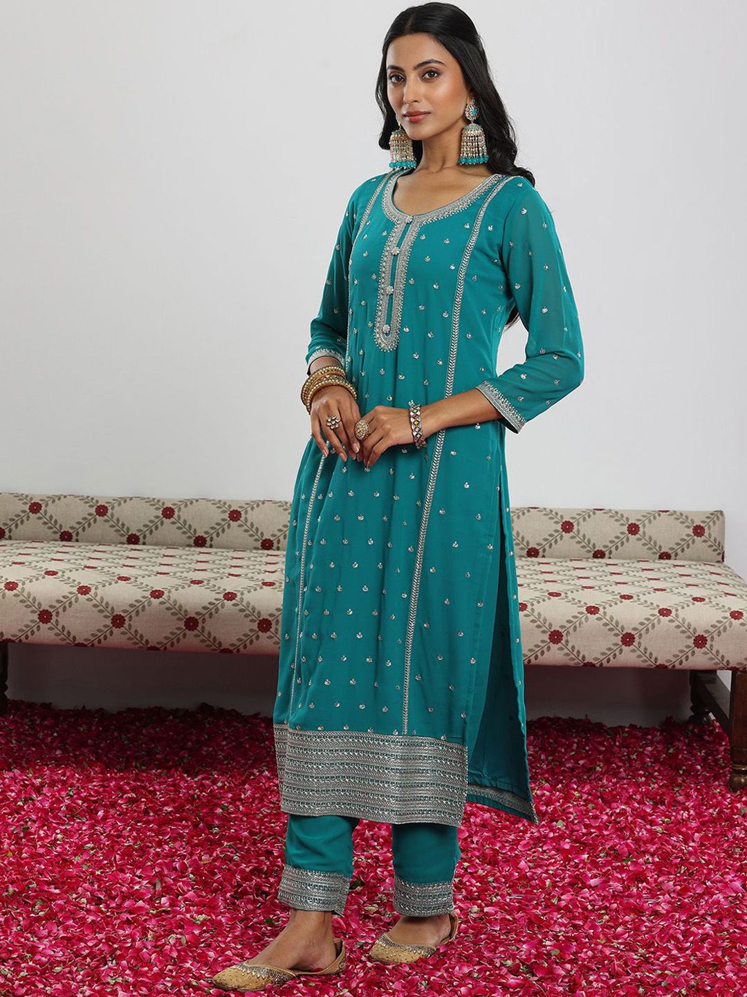Dhiyona LL Rama Women Ethnic Motifs Embroidered Kurta with Palazzo & Dupatta